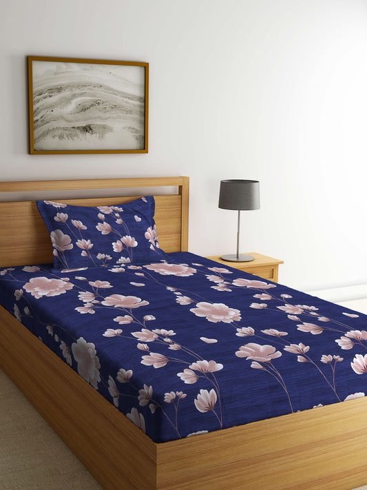 Arrabi Blue Floral TC Cotton Blend Single Size Bedsheet with 1 Pillow Cover (220 X 150 cm)