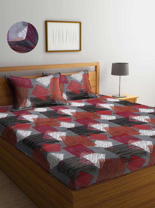 Arrabi Multi Geometric TC Cotton Blend Double Size Fitted Bedsheet with 2 Pillow Covers (250 X 220 cm)