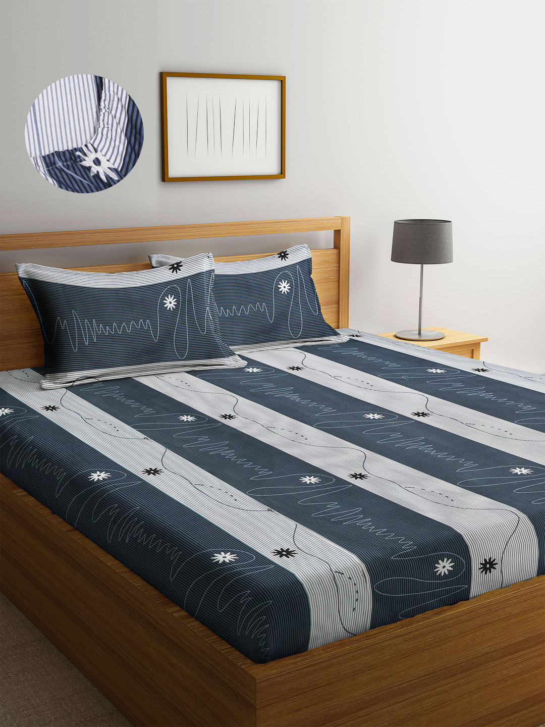 Arrabi Grey Floral TC Cotton Blend King Size Fitted Bedsheet with 2 Pillow Covers(250 X 215 Cm )