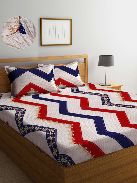 Arrabi Beige Geometric TC Cotton Blend Double Size Fitted Bedsheet with 2 Pillow Cover ( 250 x 225 cm)