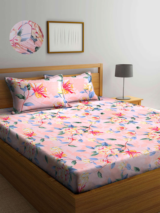 Arrabi Peach Floral TC Cotton Blend Super King Size Fitted Bedsheet with 2 Pillow Covers(270 X 260 Cm )
