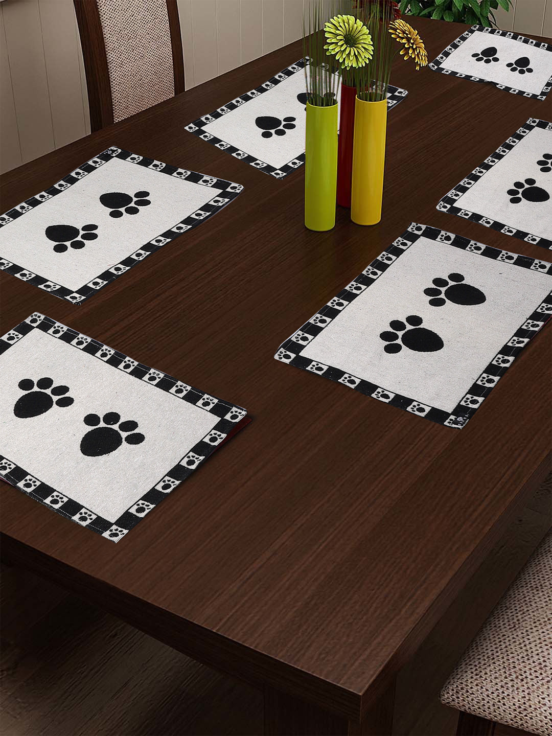 Arrabi Black Geometric Cotton Blend Full Size Table Mat (Pack of 6) (55 X 30 cm)