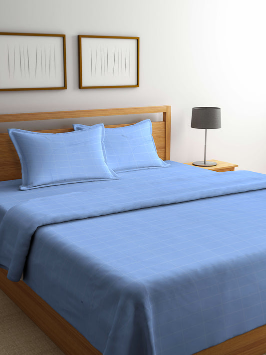 Arrabi Blue Check TC Cotton Blend Double Size Comforter Bedding Set with 2 Pillow Cover