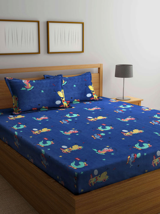 Arrabi Blue Cartoon TC Cotton Blend Double Size Bedsheet with 2 Pillow Cover