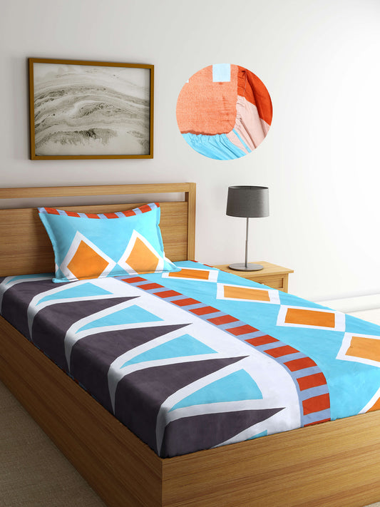 Arrabi Blue Geometric TC Cotton Blend Single Size Fitted Bedsheet with 1 Pillow Cover (220 X 150 cm)