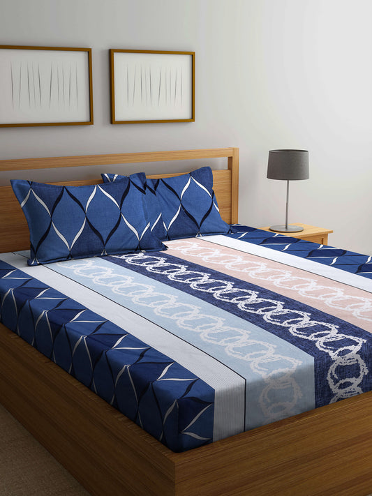 Arrabi Multi Graphic TC Cotton Blend Double Size Bedsheet with 2 Pillow Covers