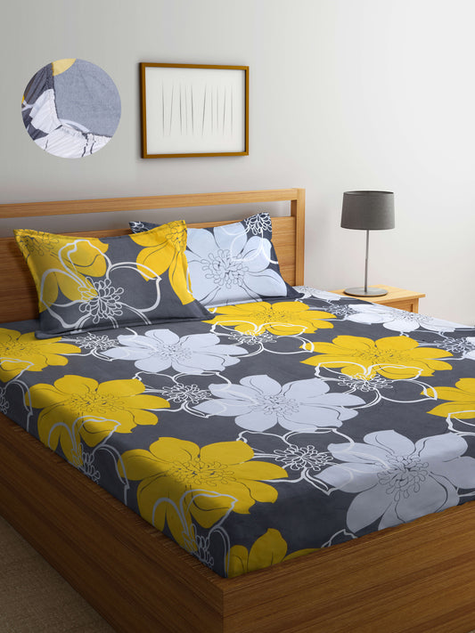 Arrabi Grey Floral TC Cotton Blend King Size Fitted Bedsheet with 2 Pillow Covers(250 X 215 Cm )