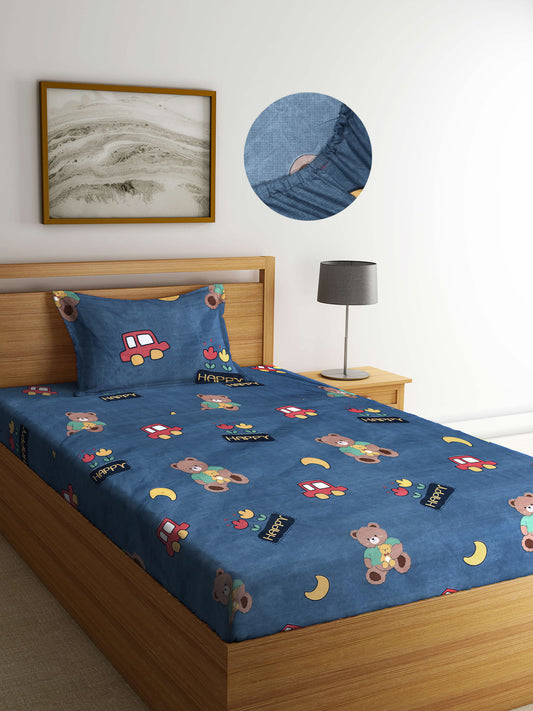 Arrabi Blue Cartoon TC Cotton Blend Single Size Fitted Bedsheet with 1 Pillow Cover (220 X 150 cm)