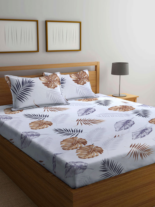 Arrabi White Leaf TC Cotton Blend Double Size Bedsheet with 2 Pillow Covers