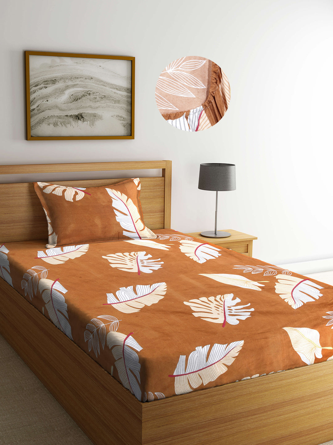 Arrabi Brown Leaf TC Cotton Blend Single Size Fitted Bedsheet with 1 Pillow Cover (220 X 150 cm)