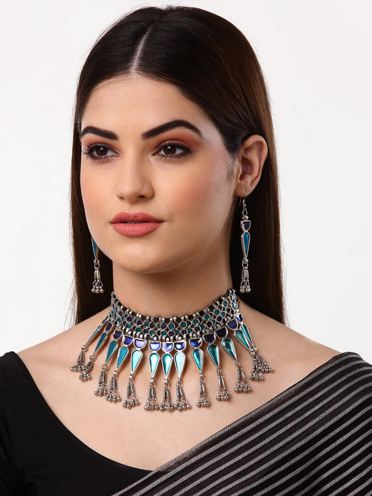 Arrabi Blue Meenakari Jewellery Set with 2 Earrings (40 cm)