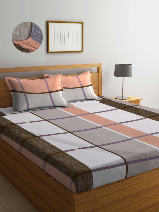 Arrabi Multi Checks TC Cotton Blend King Size Fitted Bedsheet with 2 Pillow Covers (250 X 215 Cm )