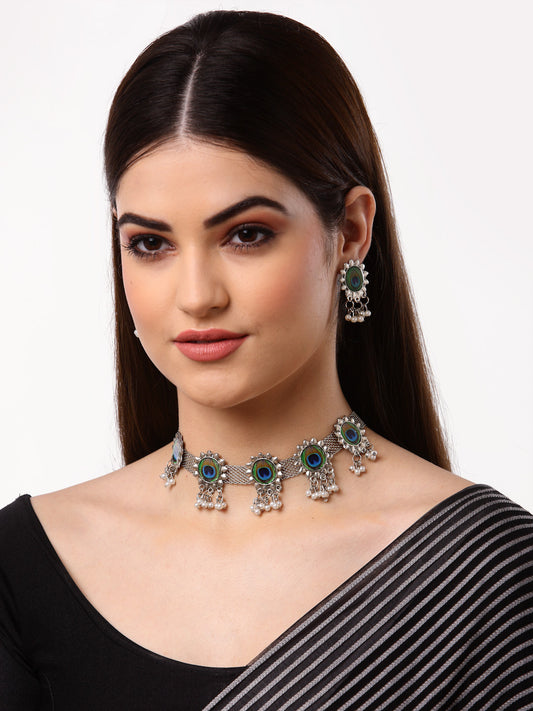 Arrabi Metallic Meenakari Jewellery Set with 2 Earrings (40 cm)