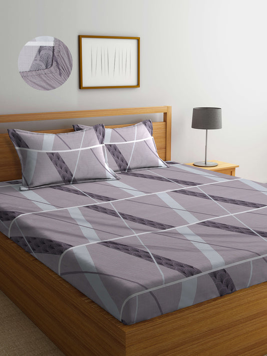 Arrabi Grey Graphic TC Cotton Blend King Size Fitted Bedsheet with 2 Pillow Covers (250 X 215 Cm )