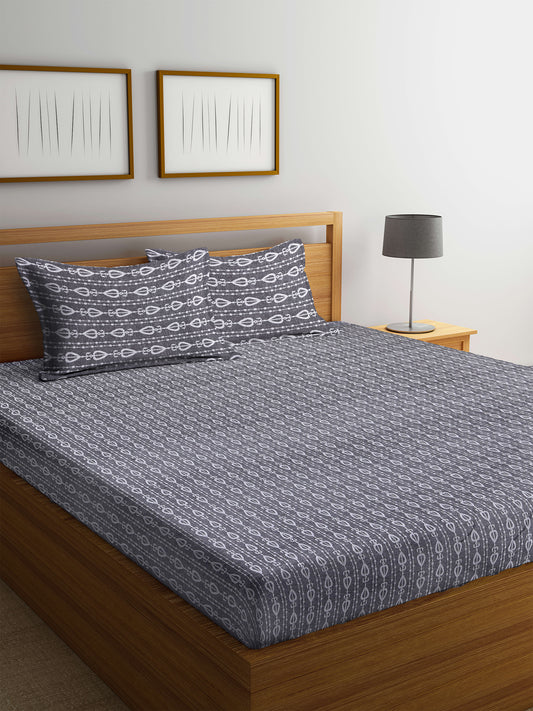 Arrabi Grey Ethnic Handwoven Cotton Double King Size Bedsheet with 2 Pillow Covers (270 x 270 cm)