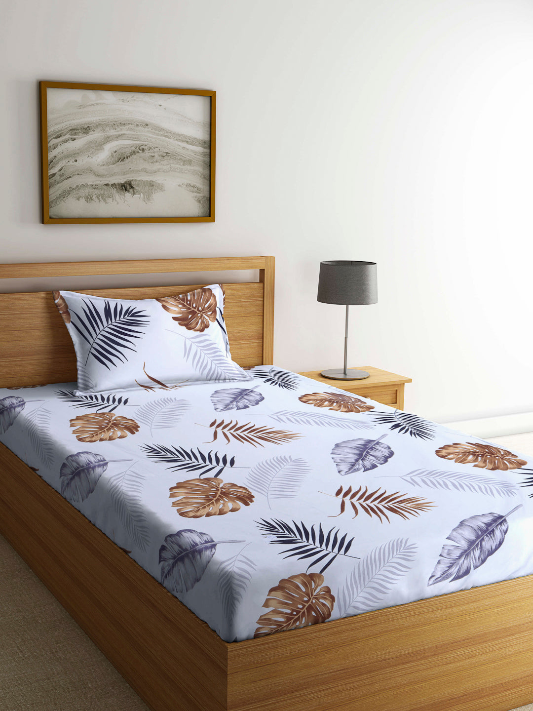 Arrabi White Leaf TC Cotton Blend Single Size Bedsheet with 1 Pillow Cover (220 X 150 cm)