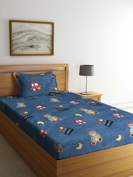 Arrabi Blue Cartoon TC Cotton Blend Single Size Bedsheet with 1 Pillow Cover ( 215 X 150 cm)