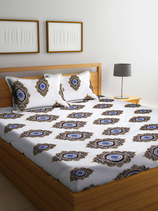 Arrabi White Indian TC Cotton Blend Double Size Bedsheet with 2 Pillow Cover