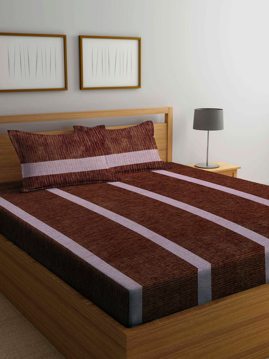 Arrabi Brown Stripes Handwoven Cotton King Size Bedsheet with 2 Pillow Covers (260 X 230 cm)