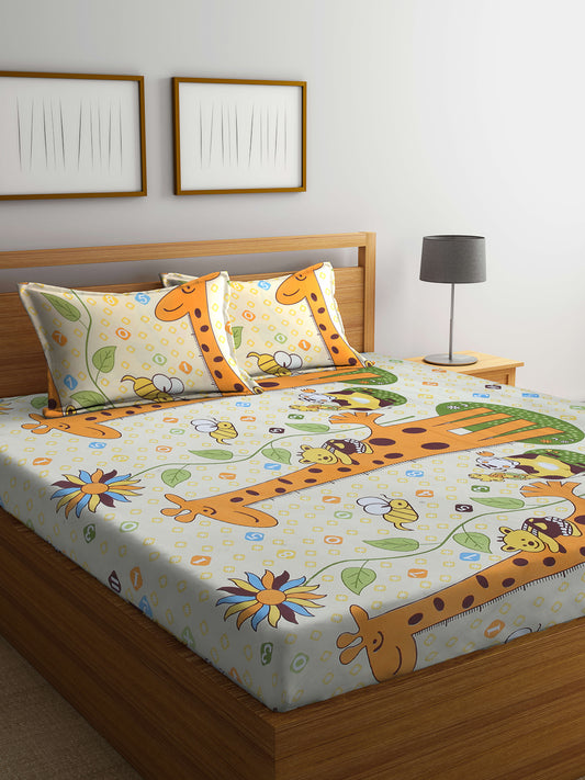 Arrabi Multi Cartoon TC Cotton Blend Double Size Bedsheet with 2 Pillow Covers (250 x 215 cm)