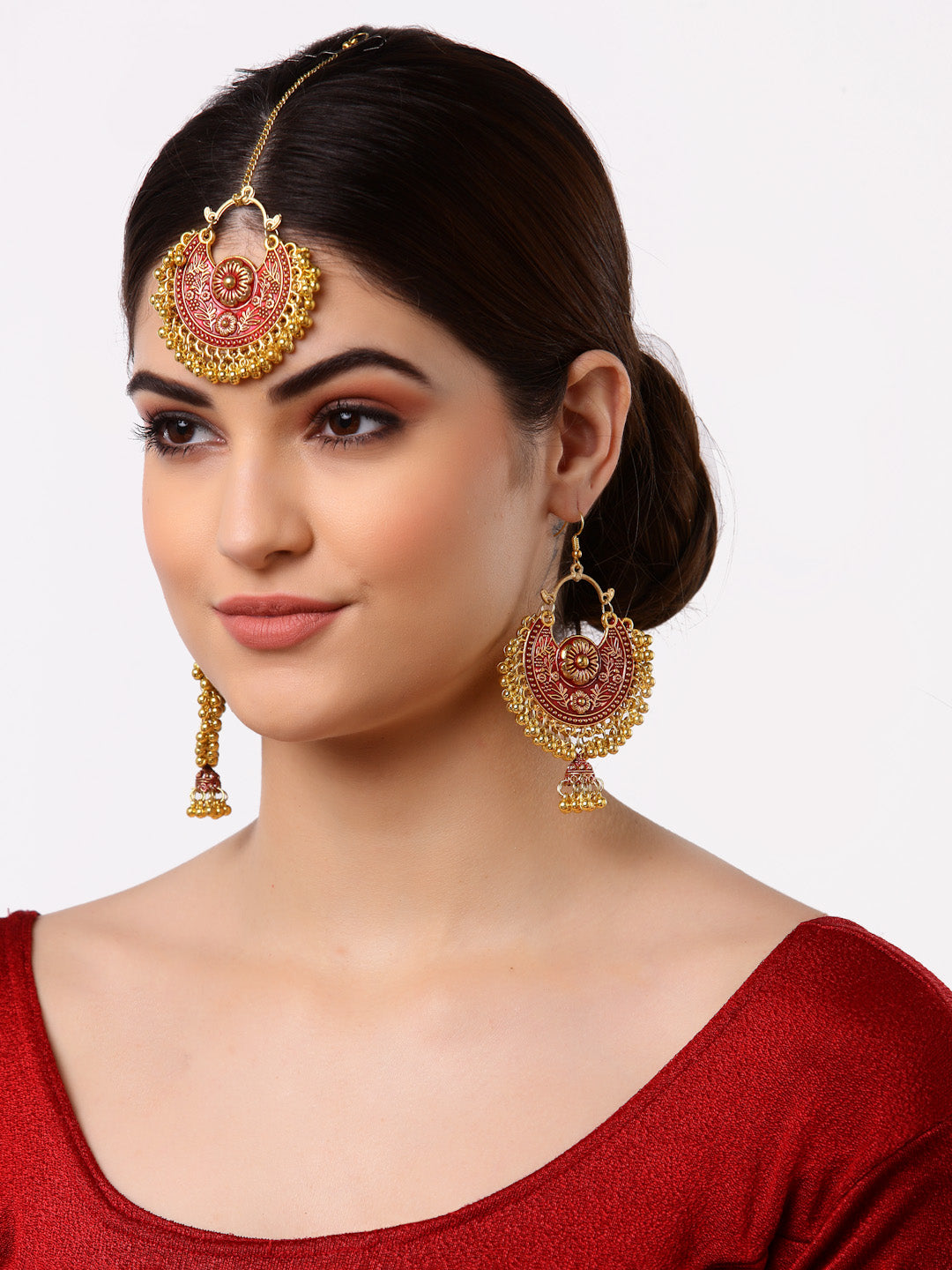 Arrabi Multi Oxidised Kundan Studded Maang Tika & Earrings Set (17 cm)