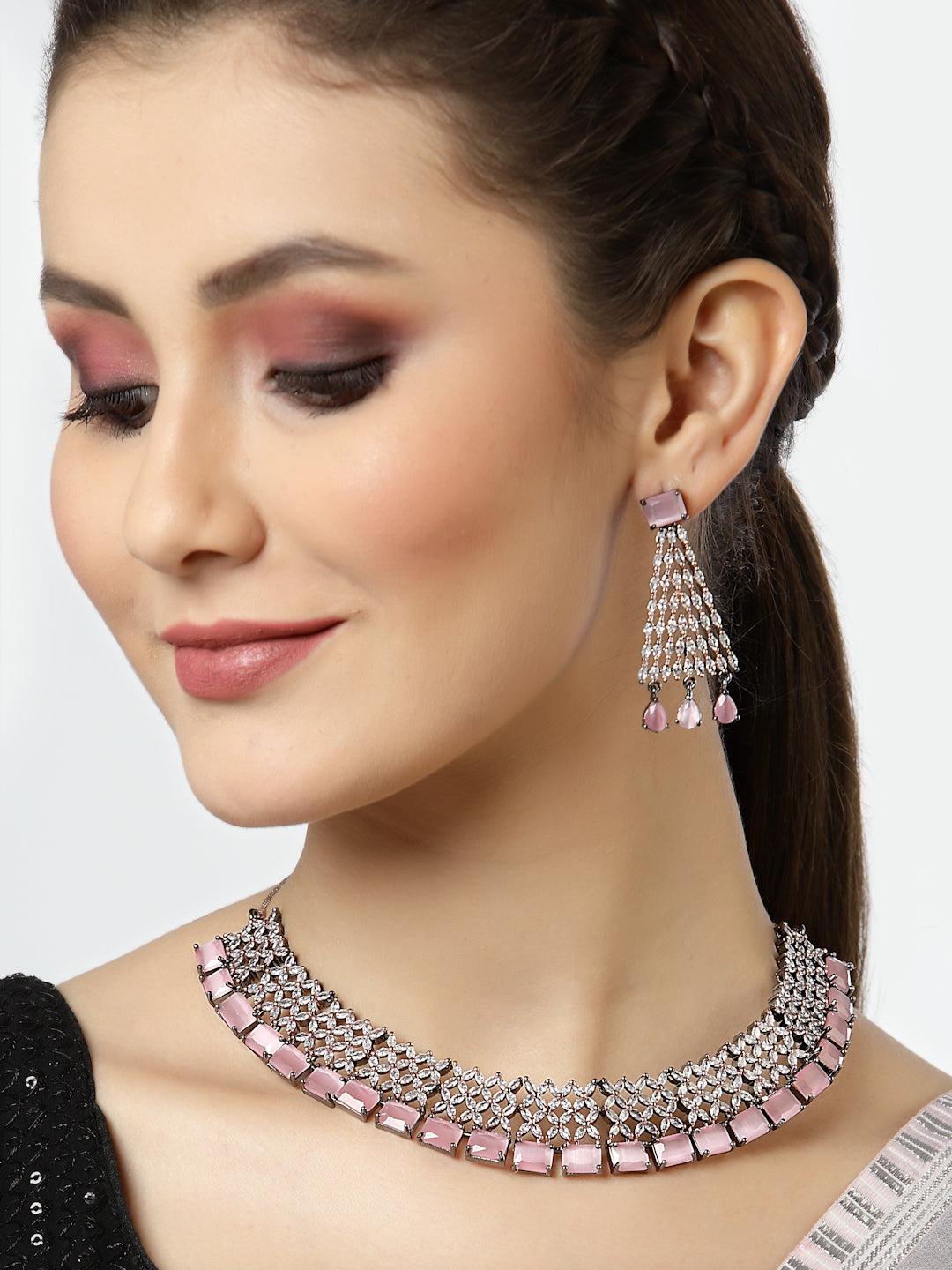 Arrabi Pink American Diamond Jewellery Set with 2 Earrings(30 cm)