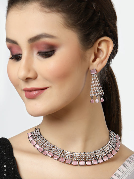 Arrabi Pink American Diamond Jewellery Set with 2 Earrings(30 cm)