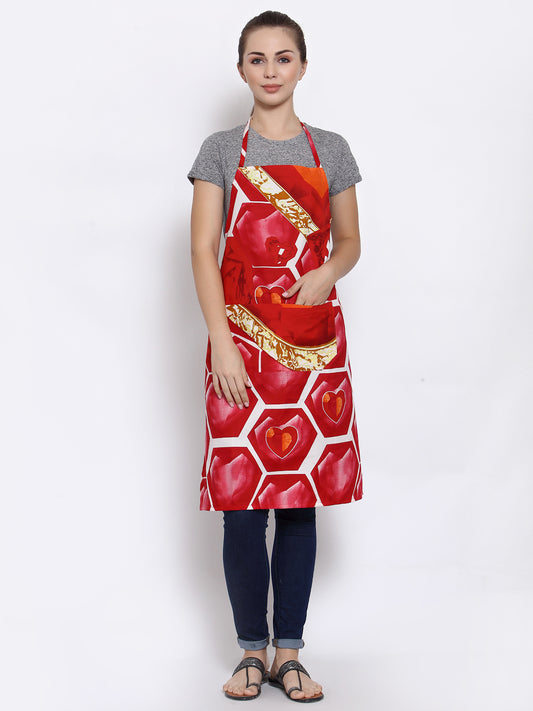 Arrabi Red Heart Cotton Blend Apron With 2 Patch Pocket (85 x 70 cm)