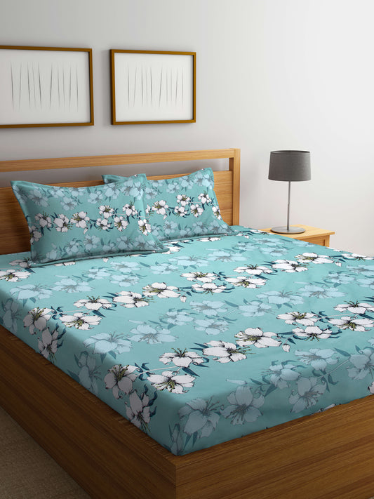 Arrabi Green Floral TC Cotton Blend King Size Bedsheet with 2 Pillow Covers (250 X 215 cm)
