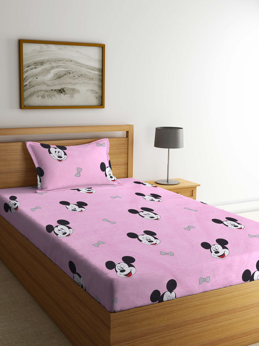 Arrabi Pink Cartoon TC Cotton Blend Single Size Bedsheet with 1 Pillow Cover (220 X 150 cm)