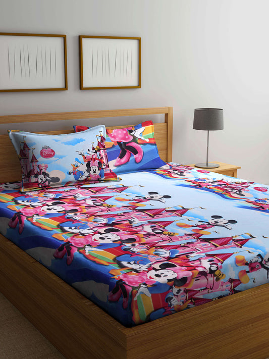 Arrabi Multi Cartoon TC Cotton Blend Double Size Bedsheet with 2 Pillow Cover