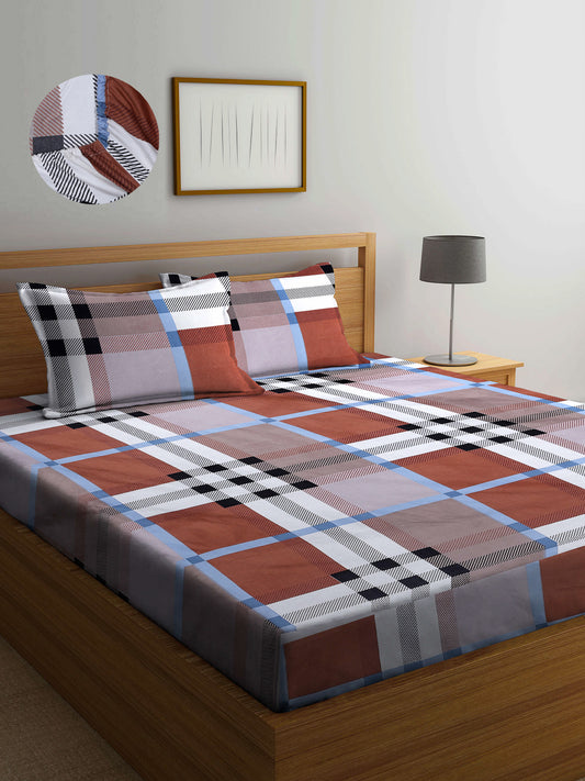 Arrabi Multi Checks TC Cotton Blend King Size Fitted Bedsheet with 2 Pillow Covers (250 X 220 Cm )