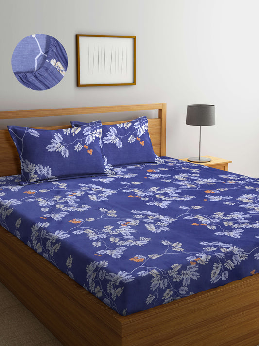 Arrabi Grey Leaf TC Cotton Blend Super King Size Fitted Bedsheet with 2 Pillow Covers(270 X 260 Cm )