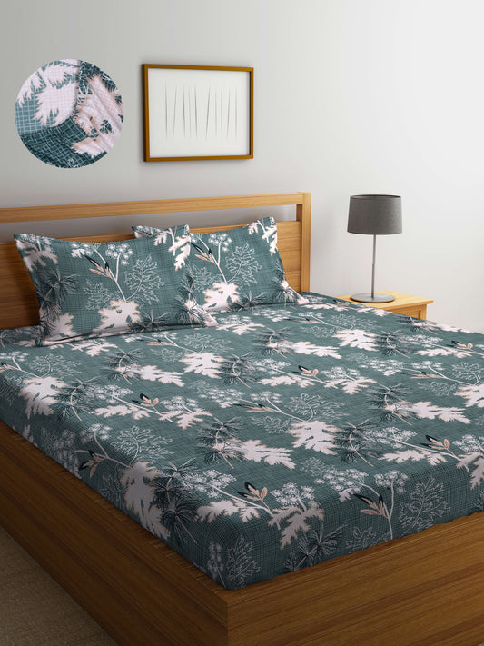 Arrabi Green Leaf TC Cotton Blend King Size Fitted Bedsheet with 2 Pillow Covers(250 X 215 Cm )