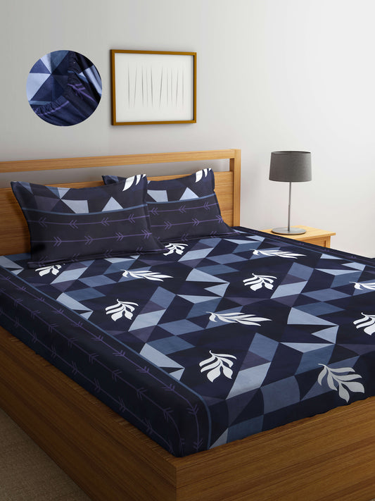 Arrabi Blue Leaf TC Cotton Blend King Size Fitted Bedsheet with 2 Pillow Covers(250 X 215 Cm )