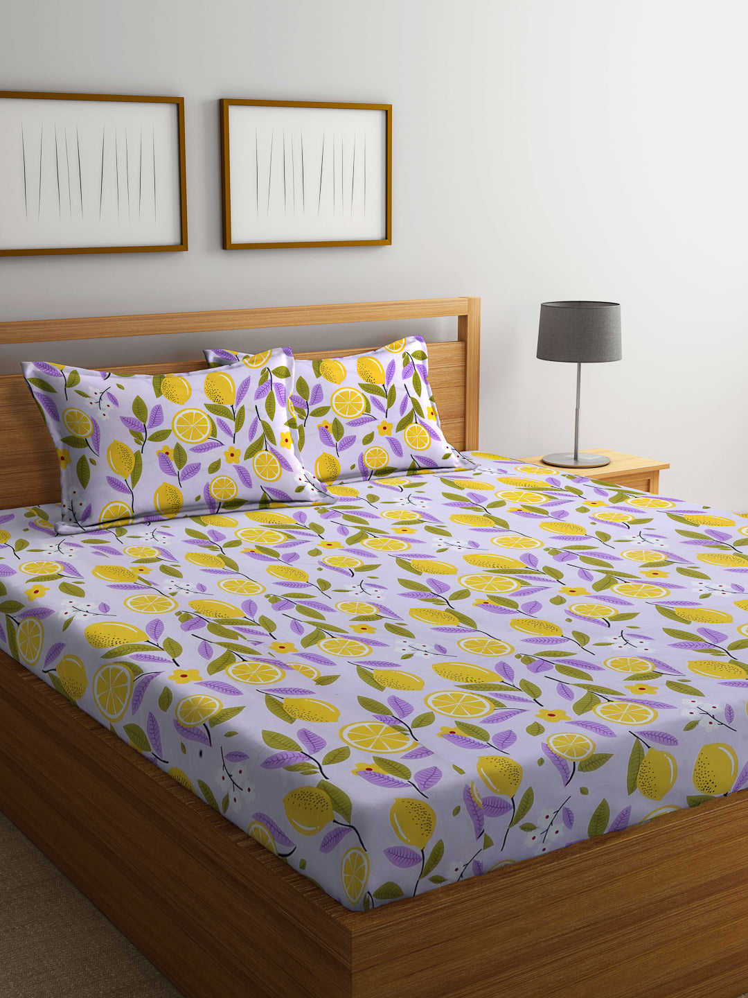 Arrabi Purple Leaf TC Cotton Blend King Size Bedsheet with 2 Pillow Covers (250 X 215 cm)
