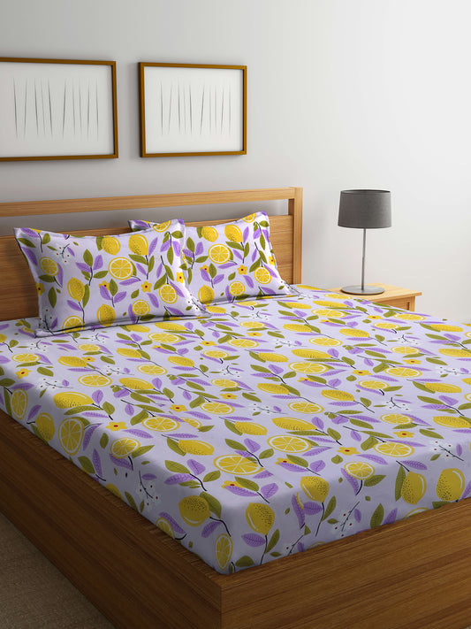 Arrabi Purple Leaf TC Cotton Blend King Size Bedsheet with 2 Pillow Covers (250 X 215 cm)