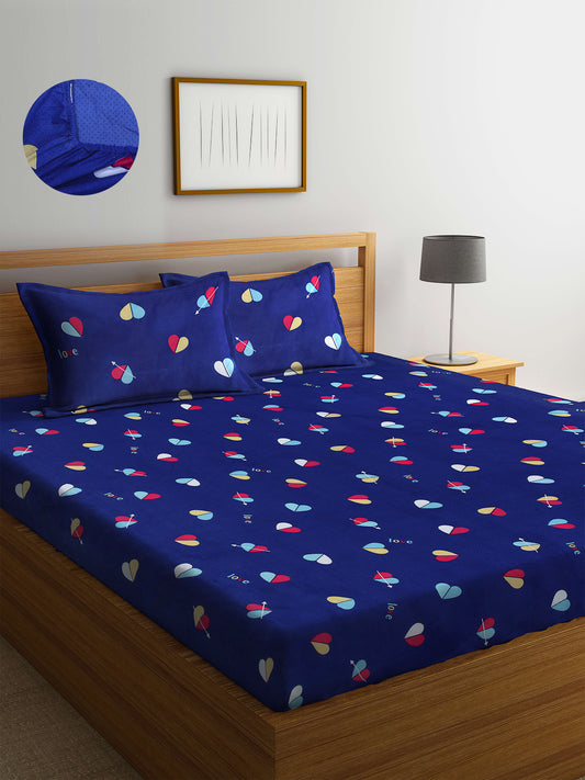 Arrabi Blue Graphic TC Cotton Blend Double Size Fitted Bedsheet with 2 Pillow Covers (250 X 220 cm)
