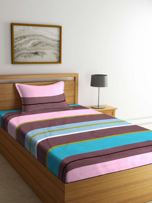 Arrabi Multi Stripes TC Cotton Blend Single Size Bedsheet with 1 Pillow Cover (220 X 150 cm)