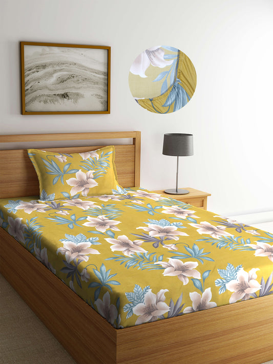 Arrabi Green Floral TC Cotton Blend Single Size Fitted Bedsheet with 1 Pillow Cover (220 X 150 cm)