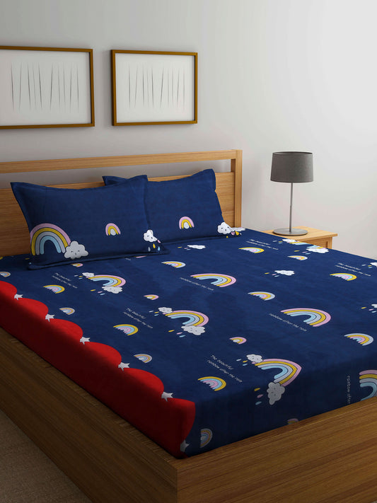 Arrabi Blue Cartoon TC Cotton Blend Double Size Bedsheet with 2 Pillow Cover
