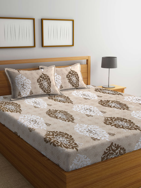 Arrabi Brown Indian TC Cotton Blend Double Size Bedsheet with 2 Pillow Covers (250 x 215 cm)