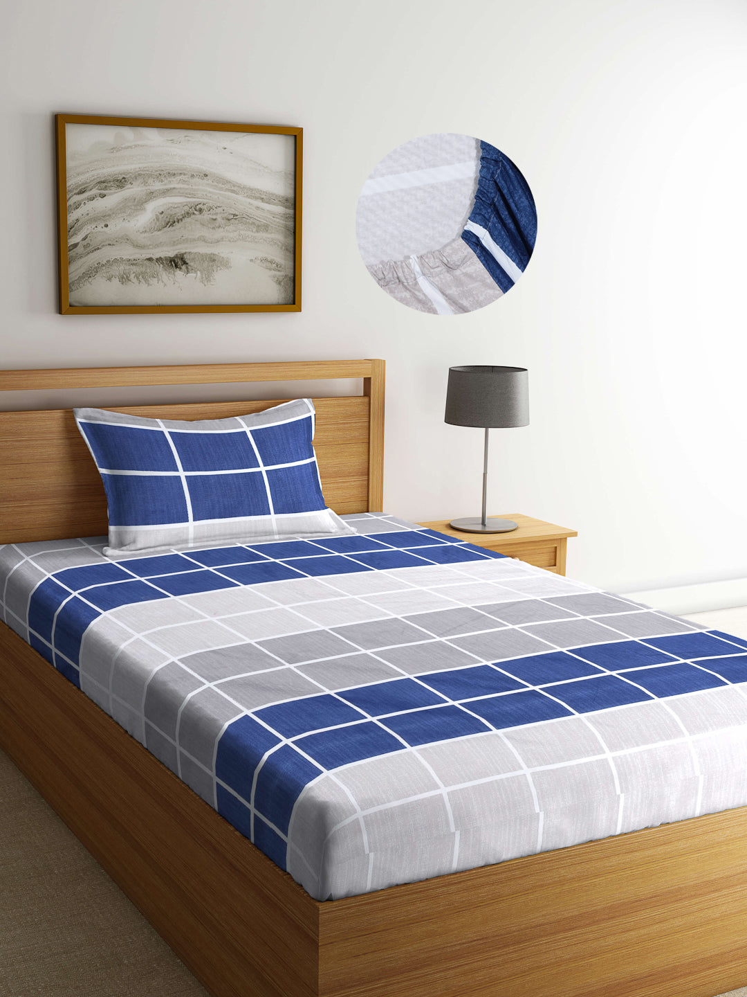 Arrabi Blue Checks TC Cotton Blend Single Size Fitted Bedsheet with 1 Pillow Cover (220 X 150 cm)