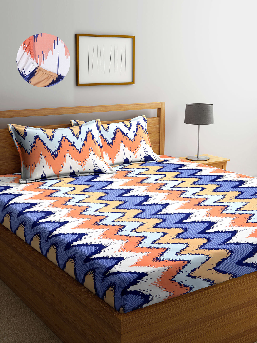 Arrabi Multi Graphic TC Cotton Blend King Size Fitted Bedsheet with 2 Pillow Covers(250 X 215 Cm )
