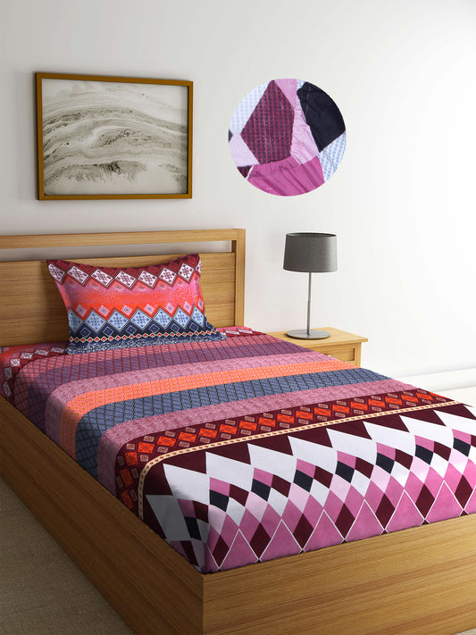Arrabi Multi Geometric TC Cotton Blend Single Size Fitted Bedsheet with 1 Pillow Cover (220 X 150 cm)