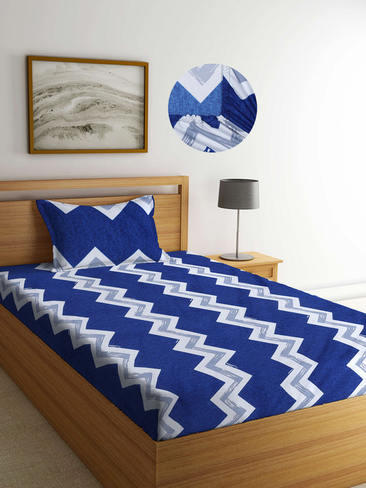 Arrabi Blue Graphic TC Cotton Blend Single Size Fitted Bedsheet with 1 Pillow Cover (220 X 150 cm)