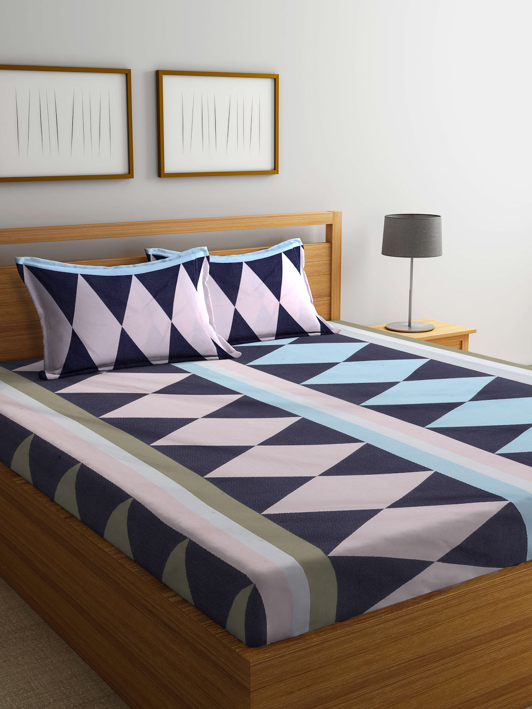 Arrabi Multi Geometric TC Cotton Blend King Size Bedsheet with 2 Pillow Covers (250 X 215 cm)