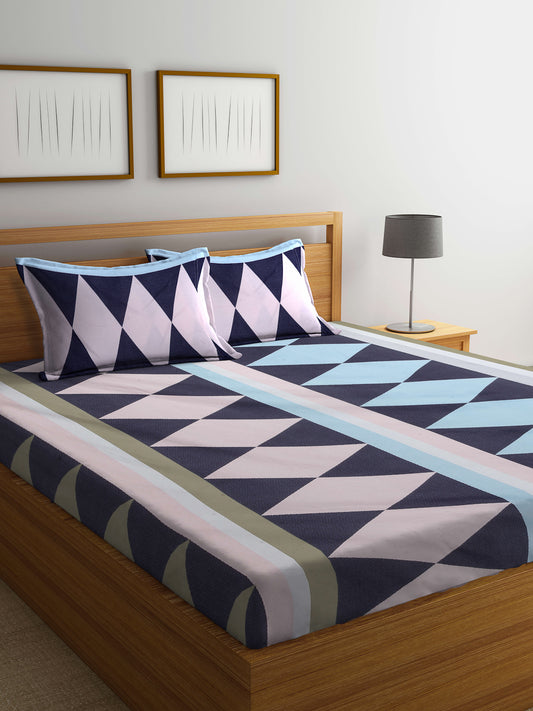 Arrabi Multi Geometric TC Cotton Blend King Size Bedsheet with 2 Pillow Covers (250 X 215 cm)