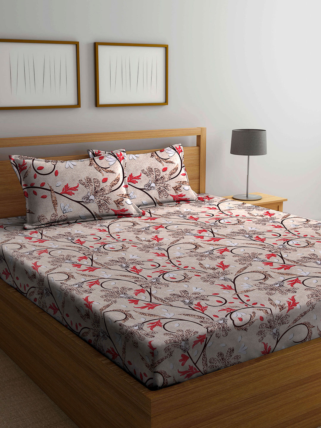 Arrabi Brown Floral TC Cotton Blend Double Size Bedsheet with 2 Pillow Cover