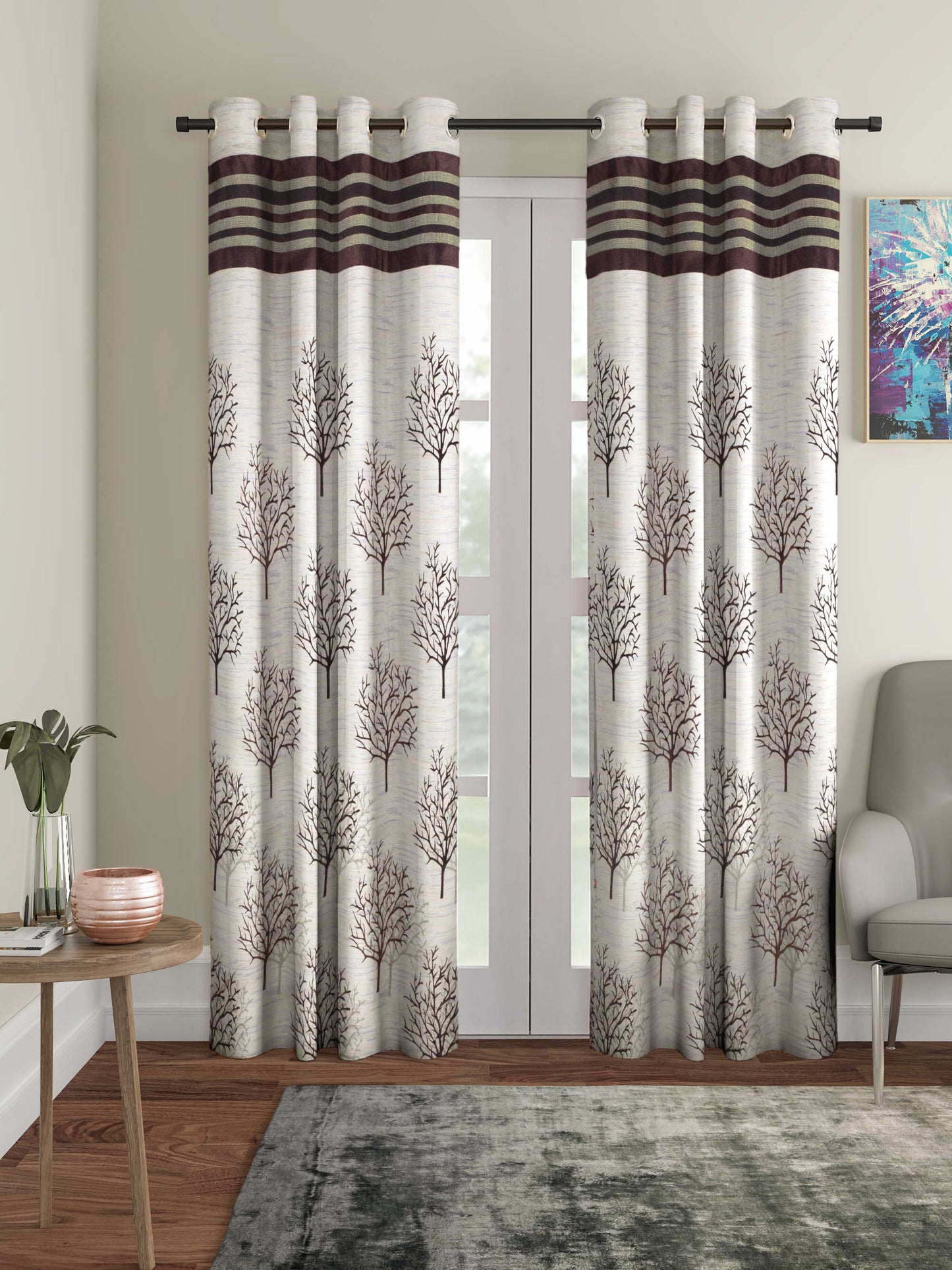 Arrabi Brown Tree Print TC Cotton Blend Set of 2 Long Door Curtains (275 X 120 cm)